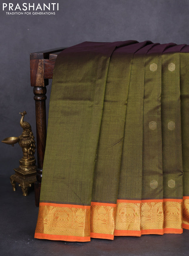 10 yards silk cotton saree sap green and orange with annam & rudhraksha zari woven buttas and zari woven border