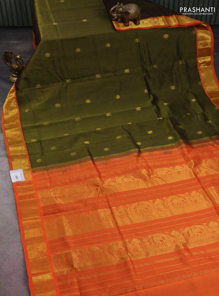 10 yards silk cotton saree sap green and orange with annam & rudhraksha zari woven buttas and zari woven border