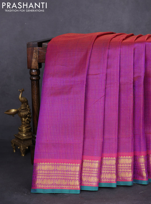 10 yards silk cotton saree dual shade of purple and green with allover small zari checks and zari woven border