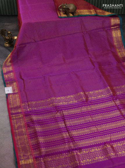 10 yards silk cotton saree dual shade of purple and green with allover small zari checks and zari woven border
