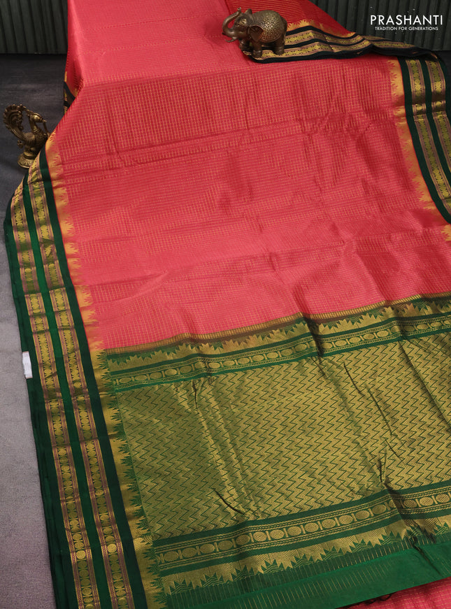 10 yards silk cotton saree peach pink and green with allover small zari checks and zari woven border
