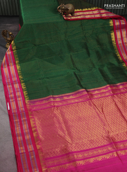 10 yards silk cotton saree green and pink with allover small zari checks and zari woven border