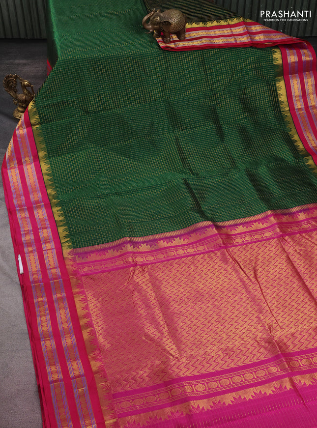 10 yards silk cotton saree green and pink with allover small zari checks and zari woven border