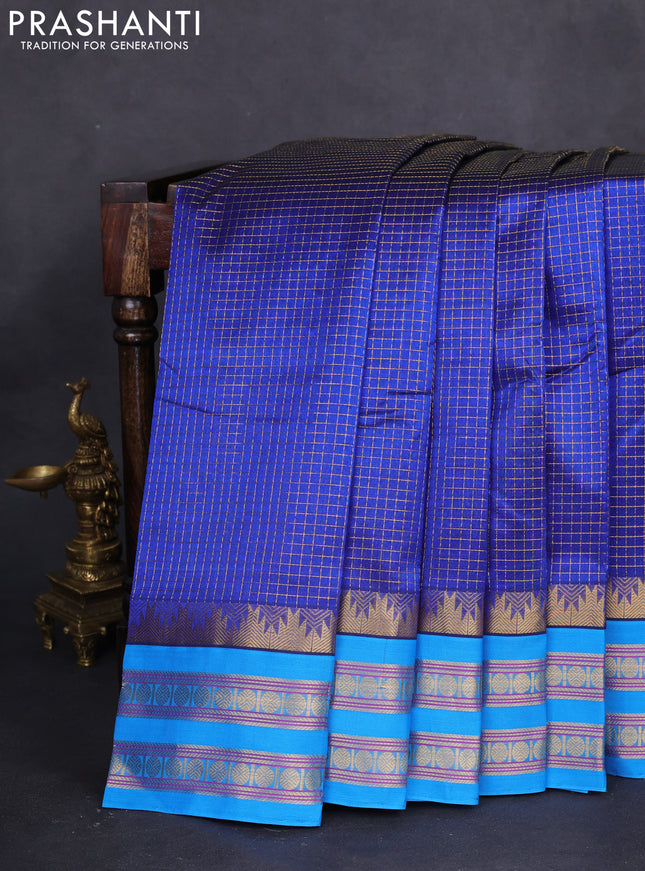 10 yards silk cotton saree blue and cs blue with allover small zari checks and zari woven border