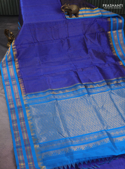 10 yards silk cotton saree blue and cs blue with allover small zari checks and zari woven border