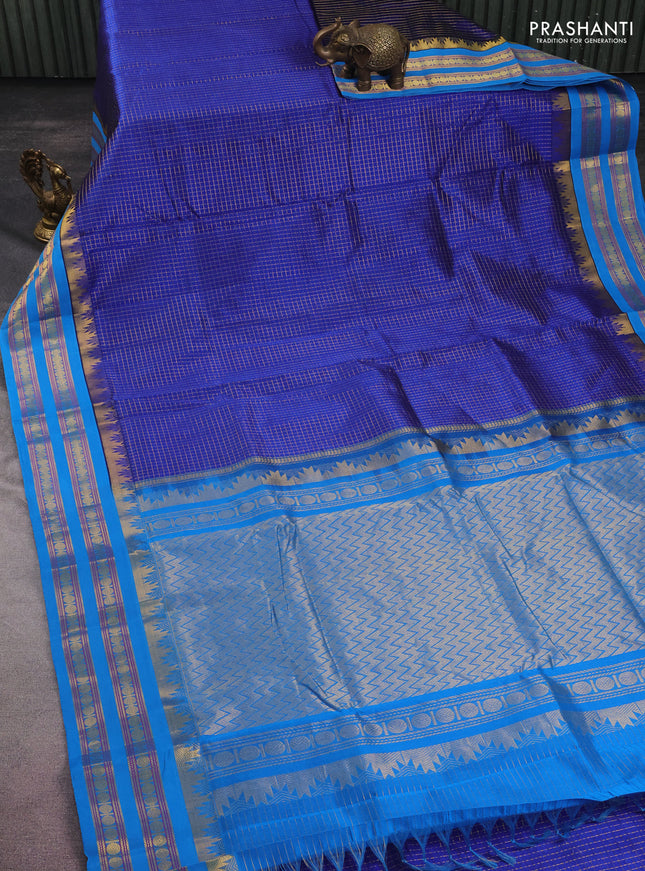 10 yards silk cotton saree blue and cs blue with allover small zari checks and zari woven border