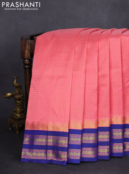 10 yards silk cotton saree peach shade and blue with allover small zari checks and zari woven border