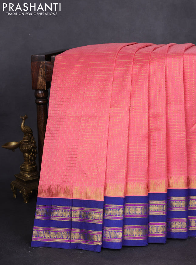 10 yards silk cotton saree peach shade and blue with allover small zari checks and zari woven border