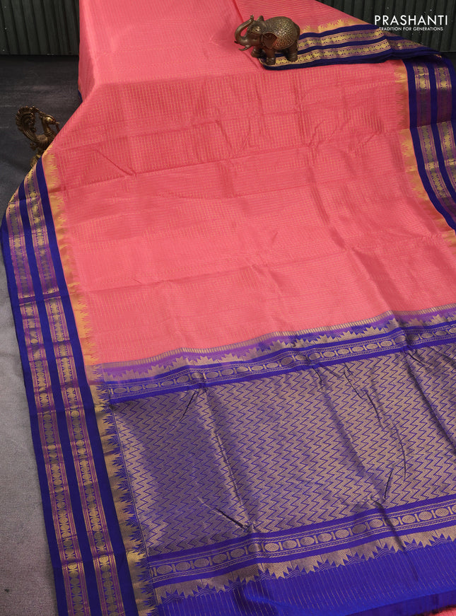 10 yards silk cotton saree peach shade and blue with allover small zari checks and zari woven border