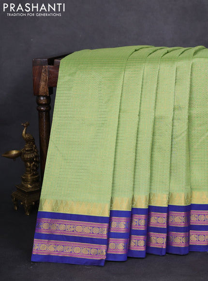 10 yards silk cotton saree pista green and blue with allover small zari checks and zari woven border