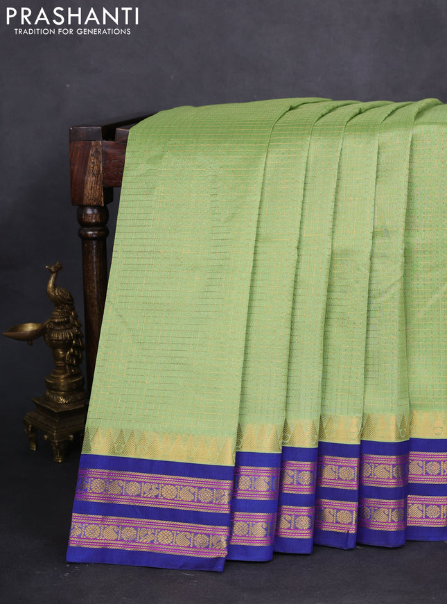 10 yards silk cotton saree pista green and blue with allover small zari checks and zari woven border