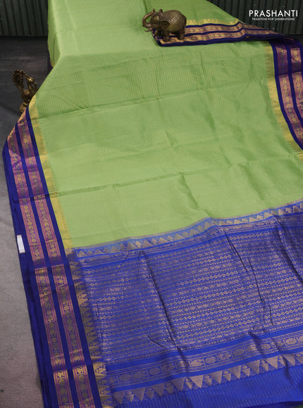 10 yards silk cotton saree pista green and blue with allover small zari checks and zari woven border