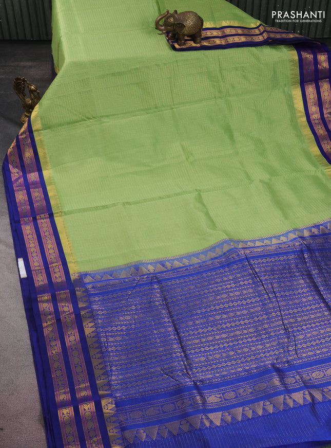 10 yards silk cotton saree pista green and blue with allover small zari checks and zari woven border