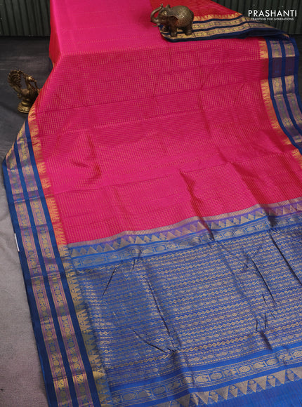10 yards silk cotton saree pink and cs blue with allover small zari checks and rettapet zari woven border