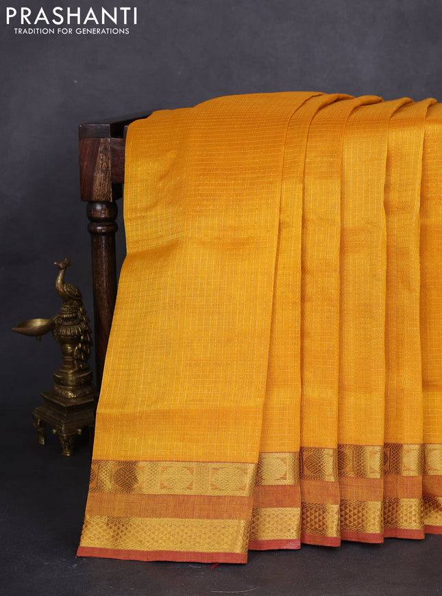 10 yards silk cotton saree mango yellow and maroon with allover small zari checks and rettapet zari woven border