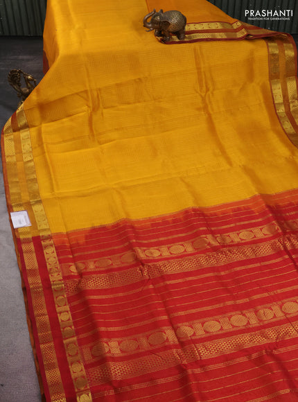 10 yards silk cotton saree mango yellow and maroon with allover small zari checks and rettapet zari woven border