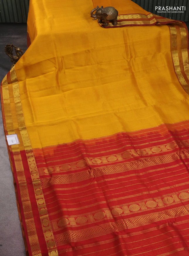 10 yards silk cotton saree mango yellow and maroon with allover small zari checks and rettapet zari woven border