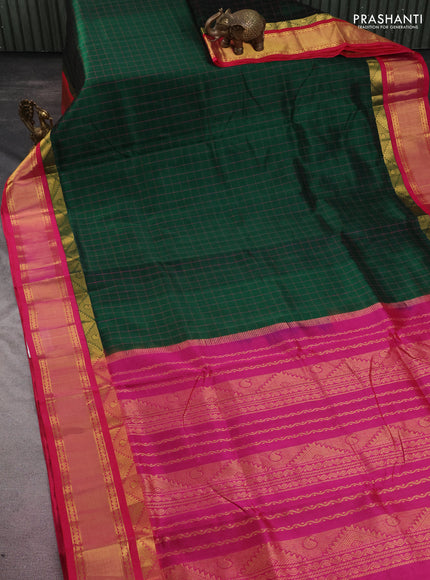 10 yards silk cotton saree green and pink with allover checked pattern and zari woven border