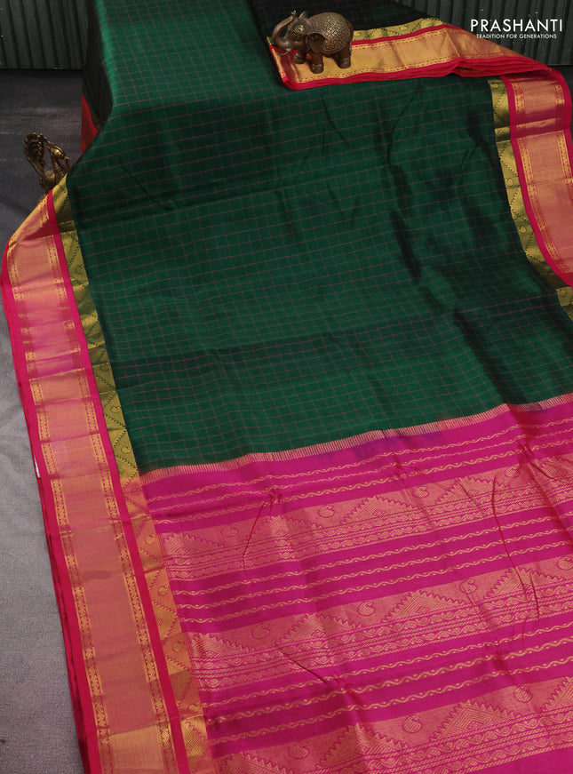 10 yards silk cotton saree green and pink with allover checked pattern and zari woven border