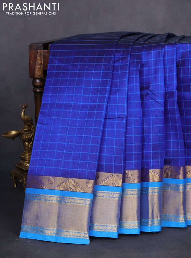 10 yards silk cotton saree blue and cs blue with allover checked pattern and zari woven border