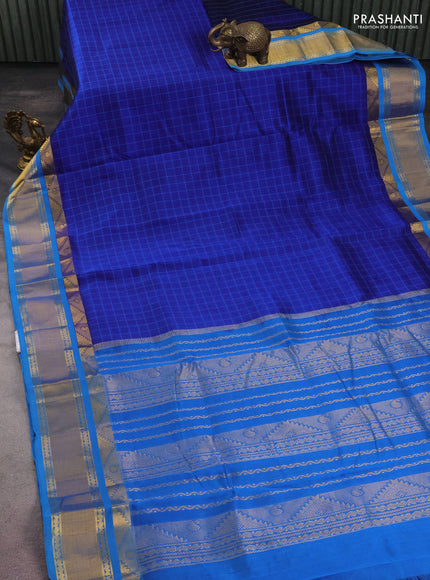 10 yards silk cotton saree blue and cs blue with allover checked pattern and zari woven border