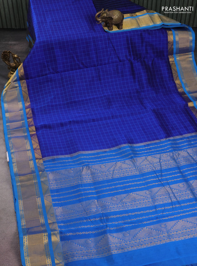 10 yards silk cotton saree blue and cs blue with allover checked pattern and zari woven border