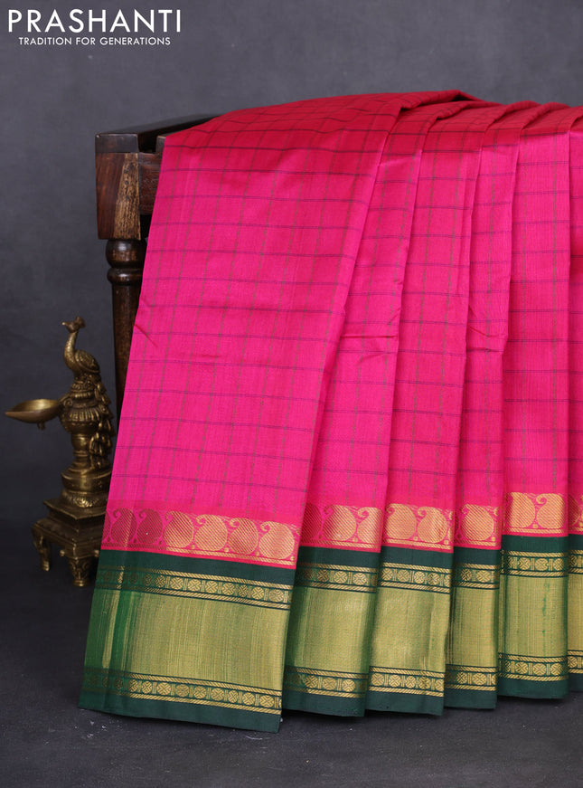 10 yards silk cotton saree pink and green with allover checked pattern and zari woven border