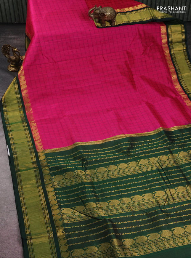 10 yards silk cotton saree pink and green with allover checked pattern and zari woven border