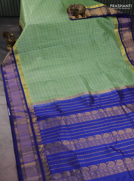 10 yards silk cotton saree pista green and blue with allover checked pattern and zari woven border