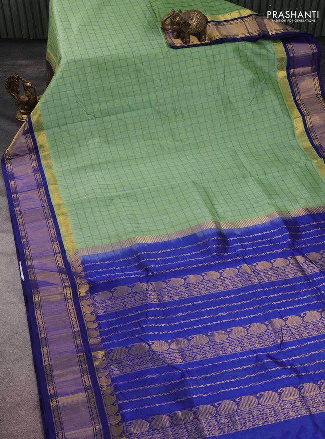 10 yards silk cotton saree pista green and blue with allover checked pattern and zari woven border