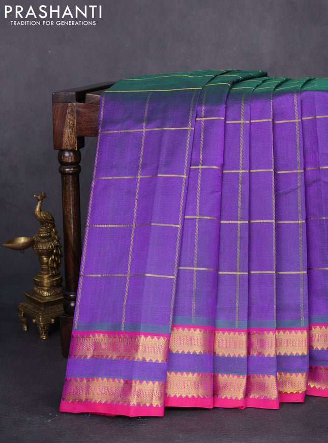 10 yards silk cotton saree dual shade of greenish violet and purple with allover zari checked pattern and zari woven border