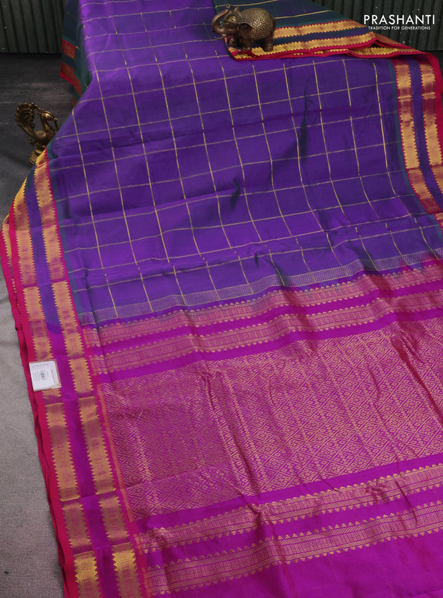 10 yards silk cotton saree dual shade of greenish violet and purple with allover zari checked pattern and zari woven border