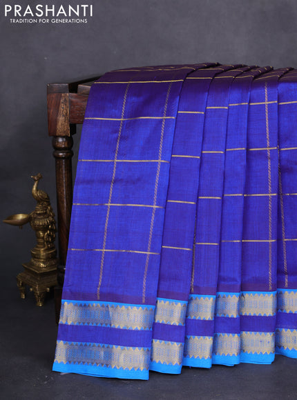 10 yards silk cotton saree dark blue and cs blue with allover zari checked pattern and zari woven border