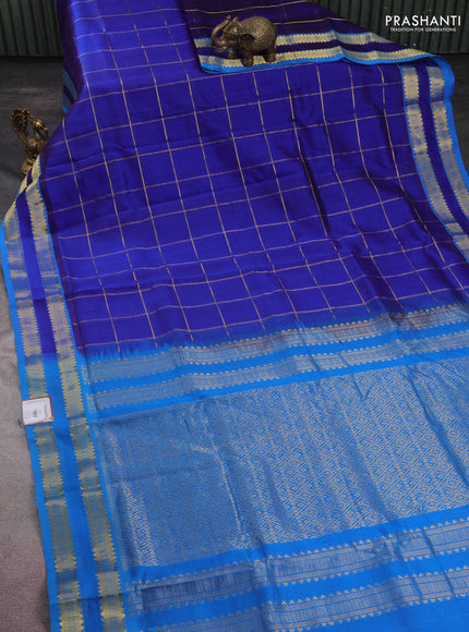 10 yards silk cotton saree dark blue and cs blue with allover zari checked pattern and zari woven border