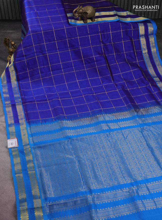 10 yards silk cotton saree dark blue and cs blue with allover zari checked pattern and zari woven border