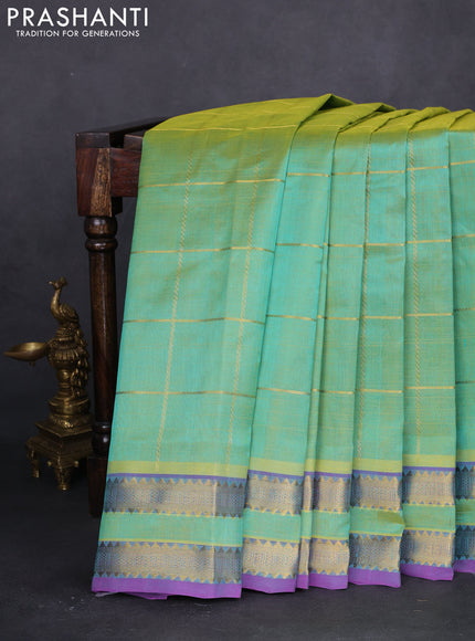 10 yards silk cotton saree light green and violet with allover zari checked pattern and zari woven border