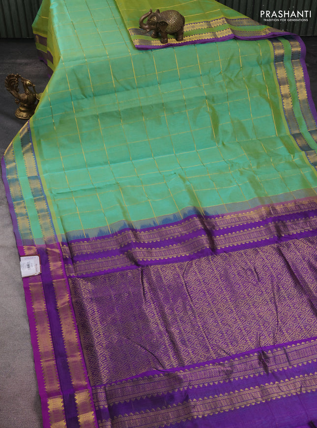 10 yards silk cotton saree light green and violet with allover zari checked pattern and zari woven border