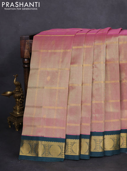 10 yards silk cotton saree dual shade of pista green and peacock green with allover zari checks & buttas and zari woven border