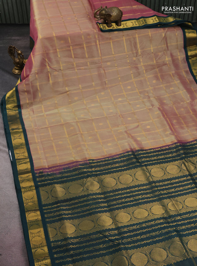 10 yards silk cotton saree dual shade of pista green and peacock green with allover zari checks & buttas and zari woven border