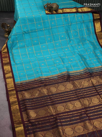 10 yards silk cotton saree teal blue and brown with allover zari checks & rudhraksha buttas and zari woven border