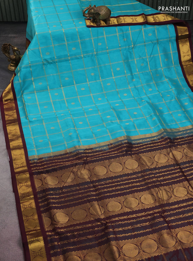 10 yards silk cotton saree teal blue and brown with allover zari checks & rudhraksha buttas and zari woven border