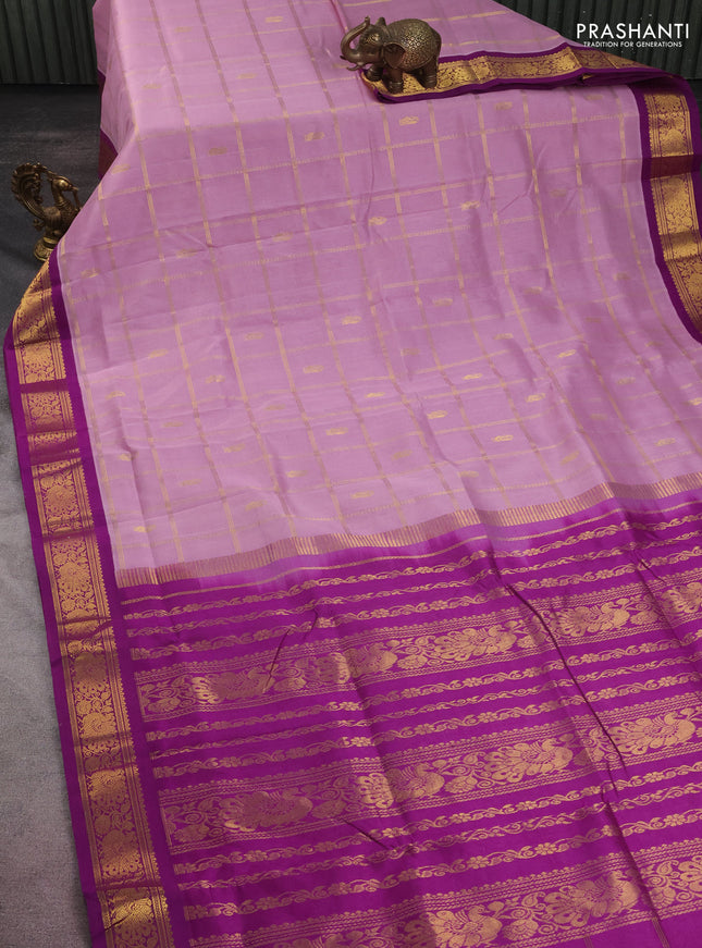 10 yards silk cotton saree light pink and purple with allover zari checks & buttas and zari woven border