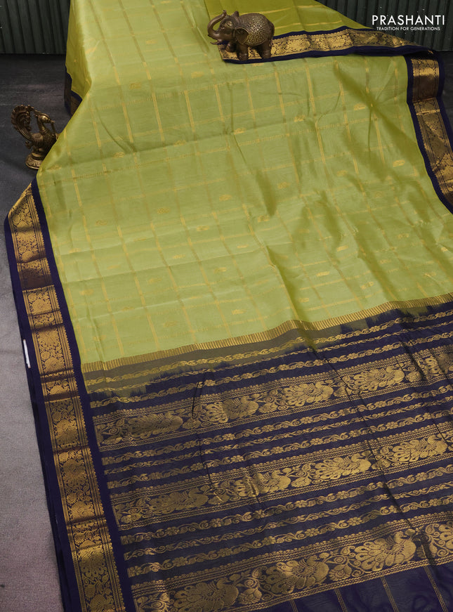 10 yards silk cotton saree light green and navy blue with allover zari checks & buttas and zari woven border