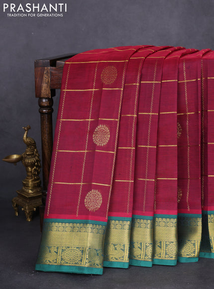 10 yards silk cotton saree maroon and green with allover zari checks & annam mayil chakkaram buttas and zari woven border