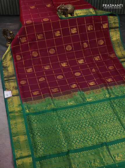 10 yards silk cotton saree maroon and green with allover zari checks & annam mayil chakkaram buttas and zari woven border