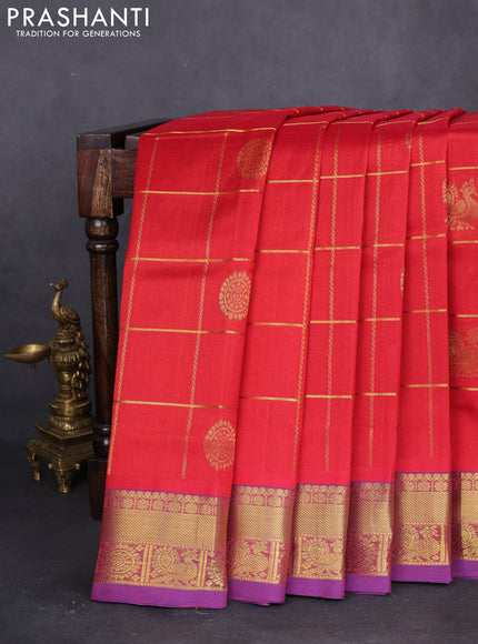 10 yards silk cotton saree red and violet with allover zari checks & annam mayil chakkaram buttas and zari woven border