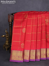 10 yards silk cotton saree red and violet with allover zari checks & annam mayil chakkaram buttas and zari woven border