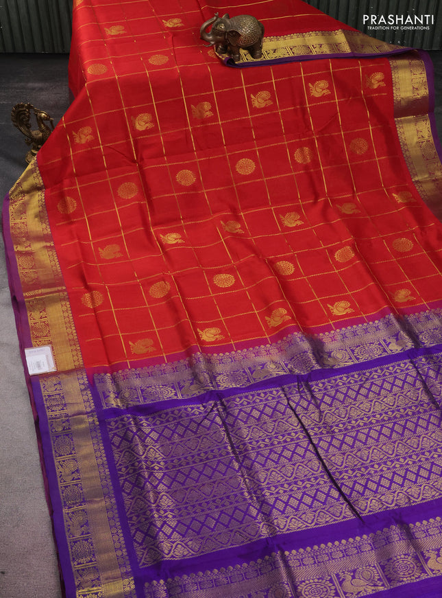 10 yards silk cotton saree red and violet with allover zari checks & annam mayil chakkaram buttas and zari woven border