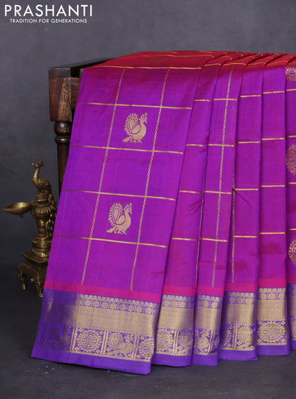 10 yards silk cotton saree dual shade of purple and blue with allover zari checks & annam mayil chakkaram buttas and zari woven border