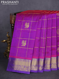 10 yards silk cotton saree dual shade of purple and blue with allover zari checks & annam mayil chakkaram buttas and zari woven border